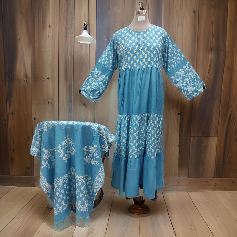 L/XL Juhi Printed Cotton Dress 57" Long Jalabiya With Sheila