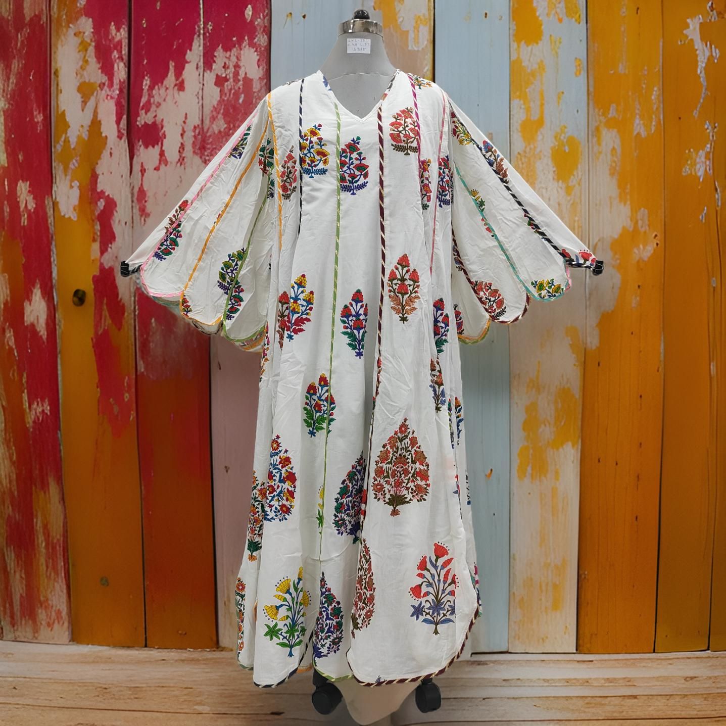 2XL/3XL Meher White Printed Cotton Dress 57" Long Jalabiya