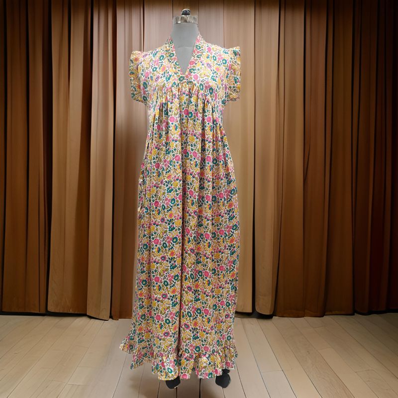 S/M Satin Amani Printed Cotton Dress 57" Short Sleeves Jalabiya