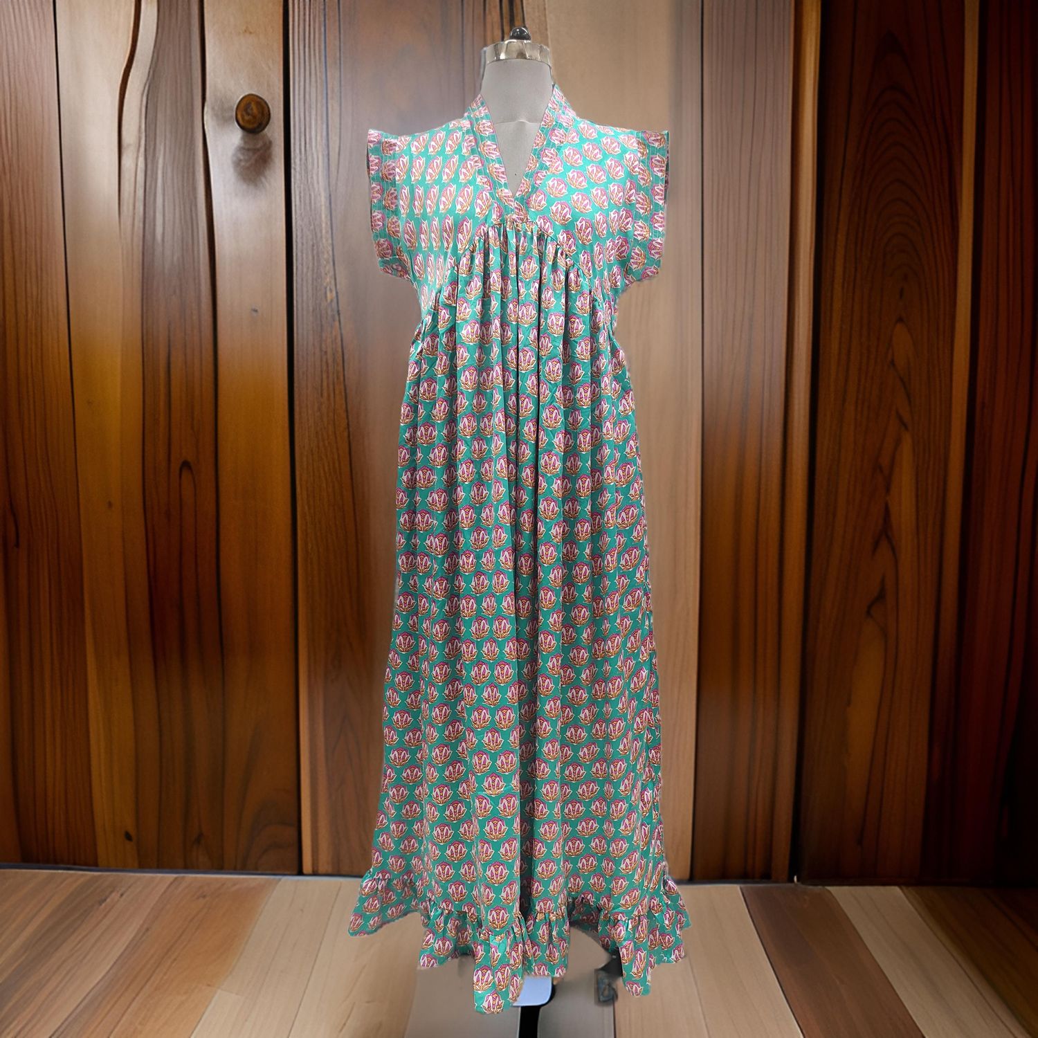 L/XL Satin Amani Printed Cotton Dress 57" Short Sleeves Jalabiya