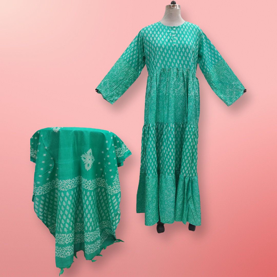 L/XL Cotton Printed Juhi Dress 56" Long Jalabiya With Sheila