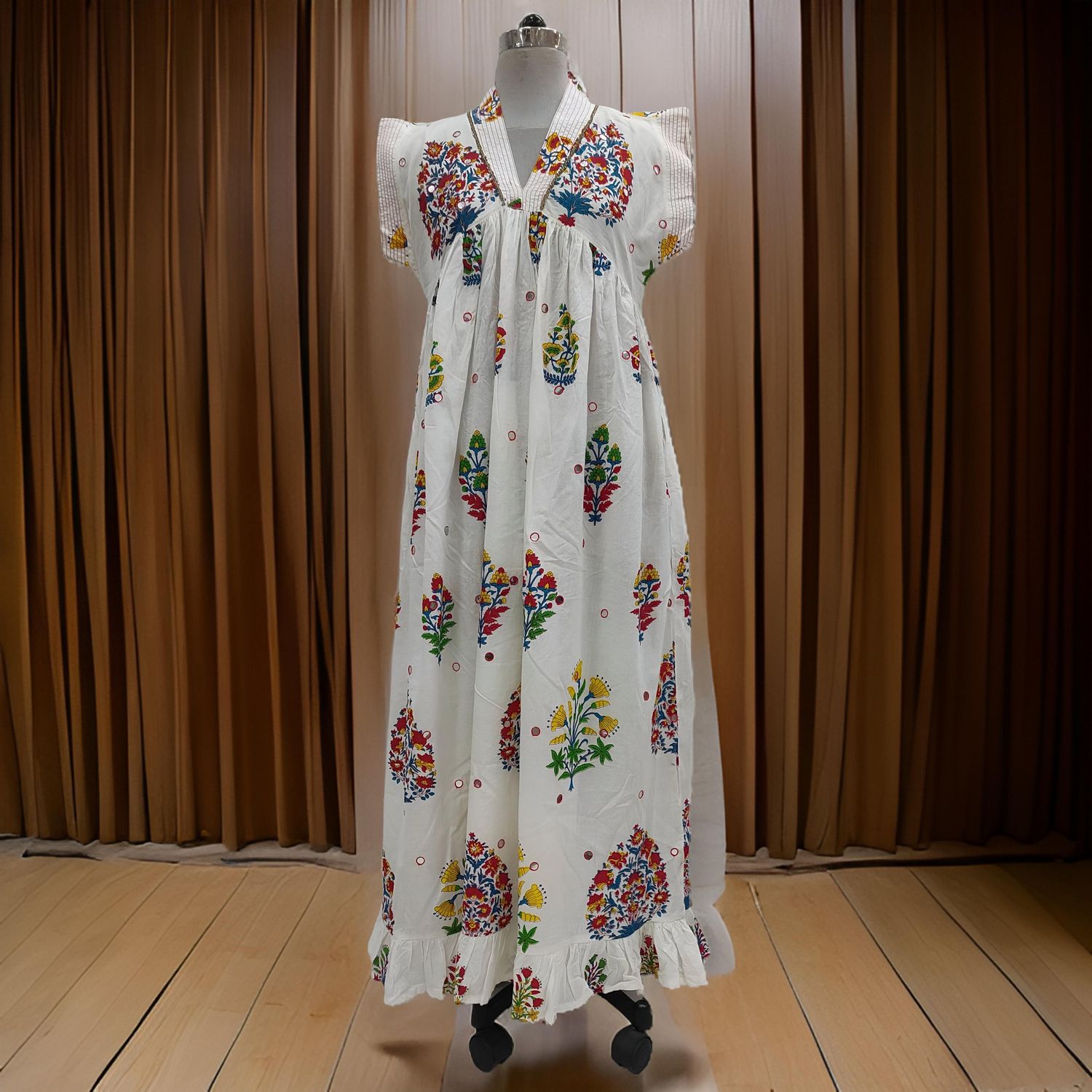 S/M Amani Printed Cotton Dress 57" Short Sleeves Jalabiya