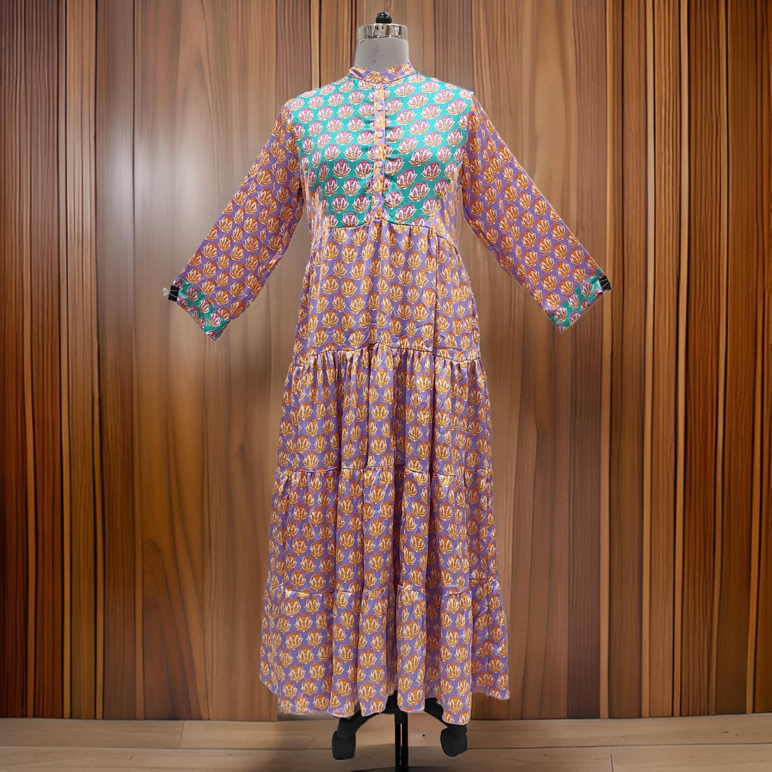 L/XL Satin Safia Printed Dress 57" Long Jalabiya