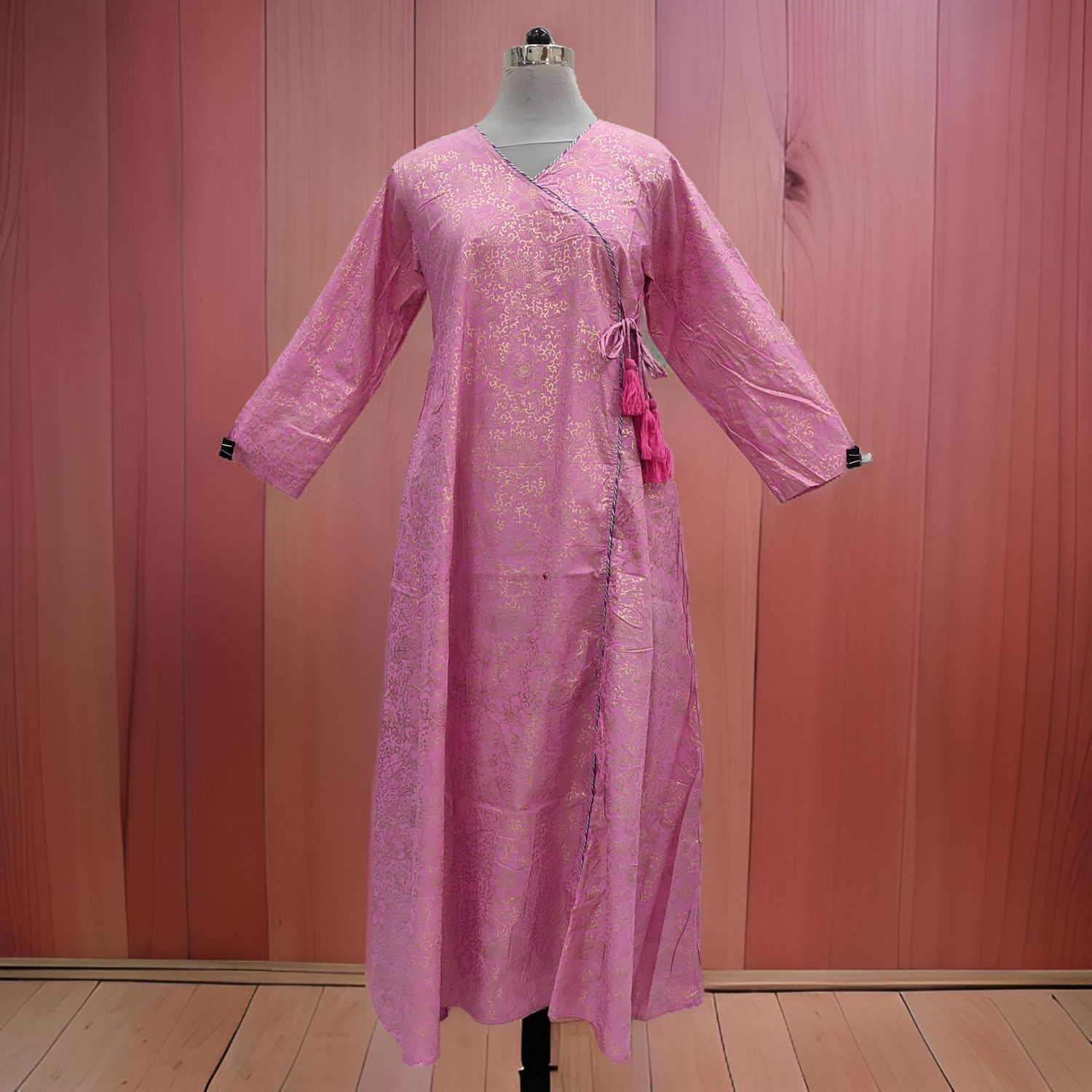 2XL/3XL Qifa Gold Printed Cotton Dress 57" Long Jalabiyas