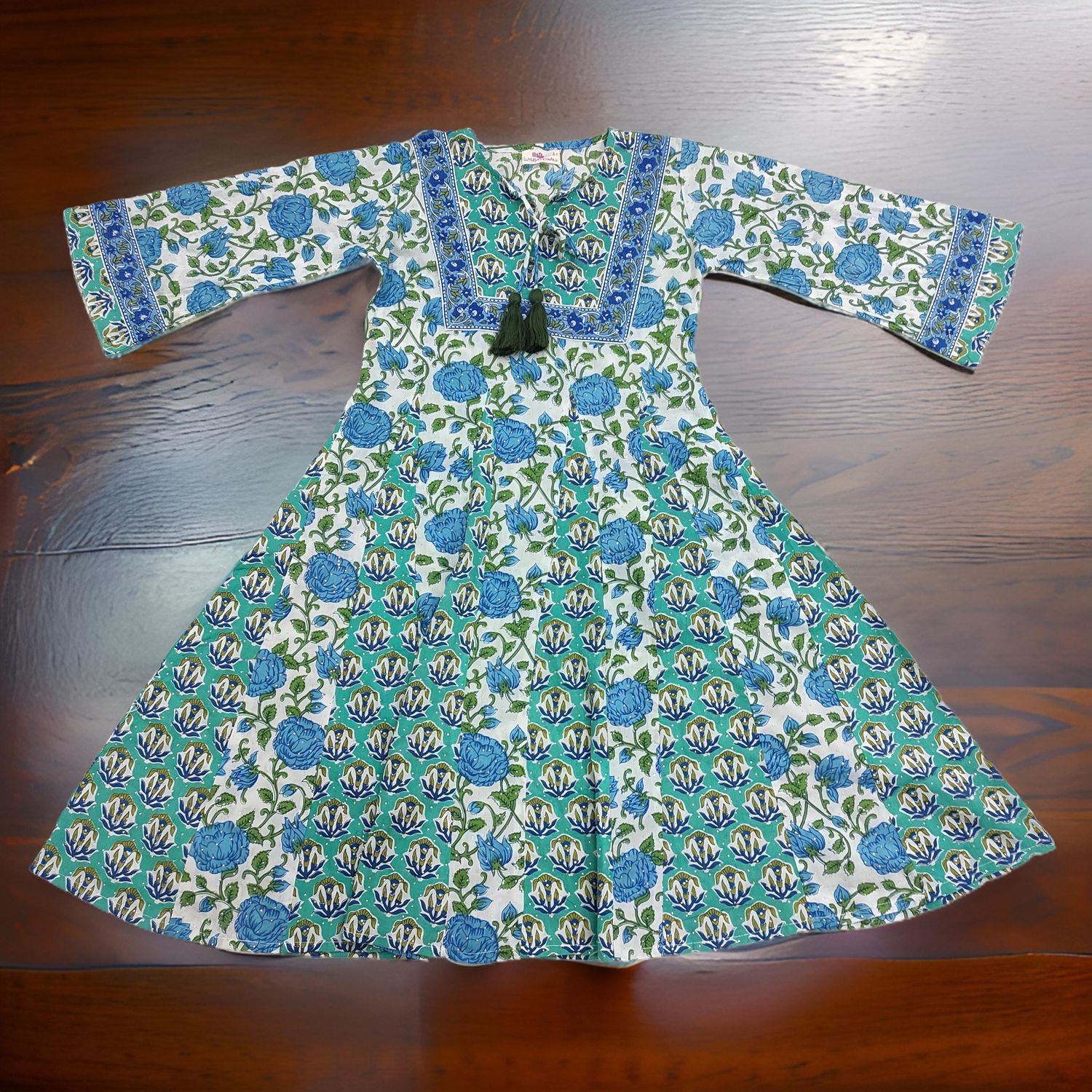 8-9 Year Anaya Crystal Green Printed Cotton Girls Dress 42" Long Jalabiya