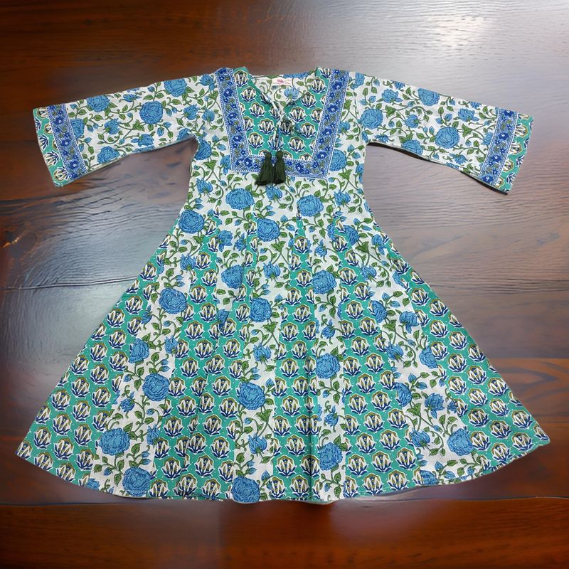 8-9 Year Anaya Crystal Green Printed Cotton Girls Dress 42" Long Jalabiya