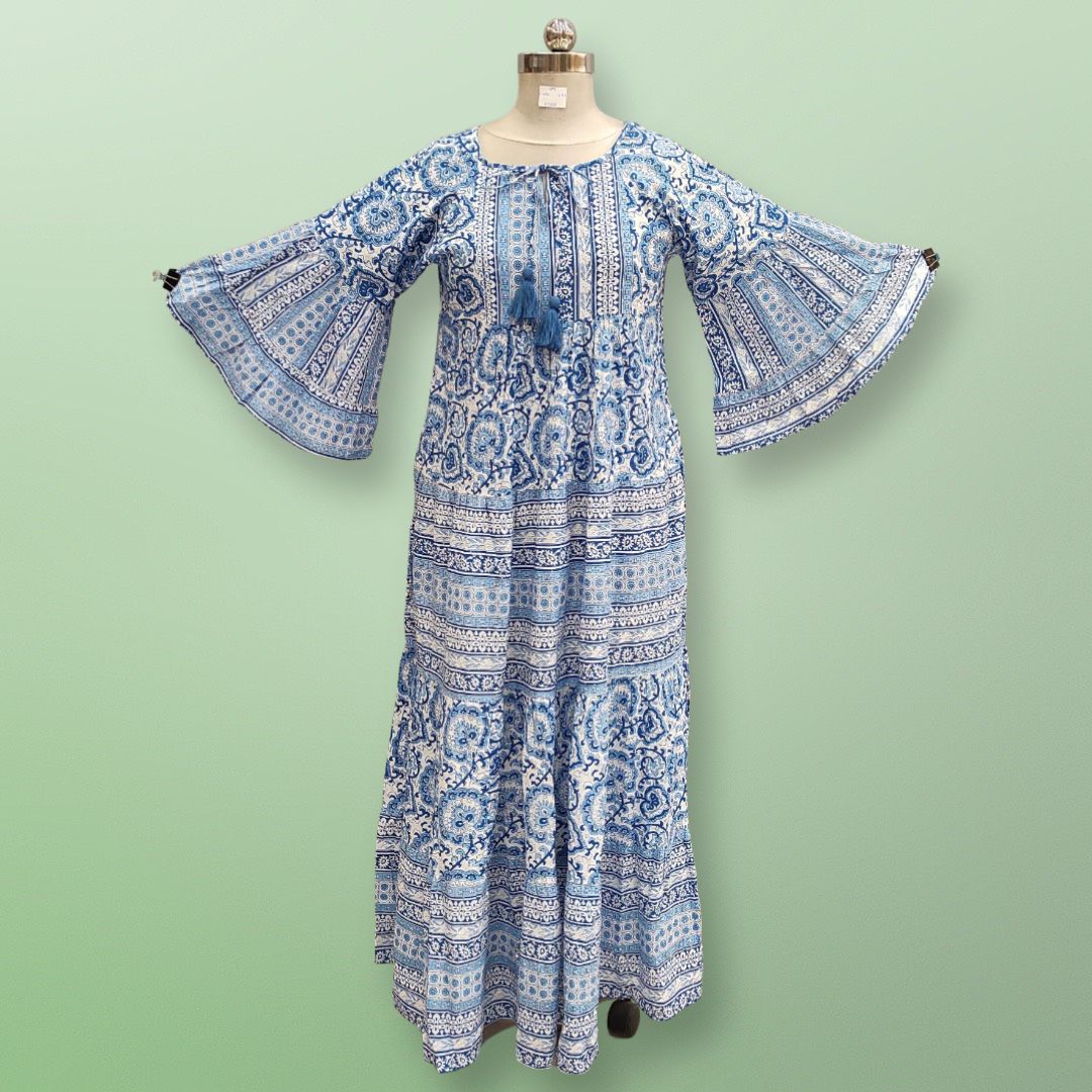 XS/S Gaby Blue Printed Cotton Dress 54" Long Jalabiya