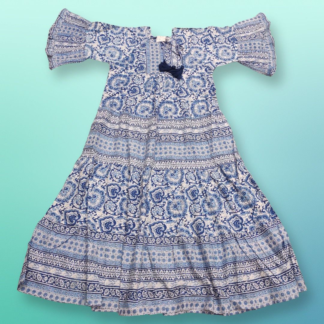 8-9 Year Gaby Blue Printed Cotton Girls Dress 42" Long Jalabiya