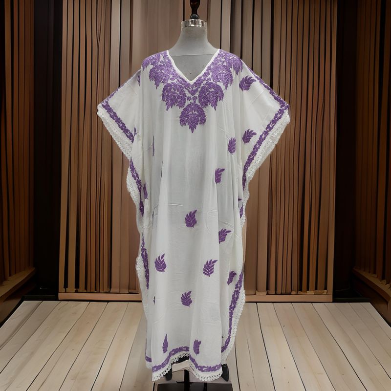 Free Size Farasha Embroidery Kaftan Cotton Dress 57" Long