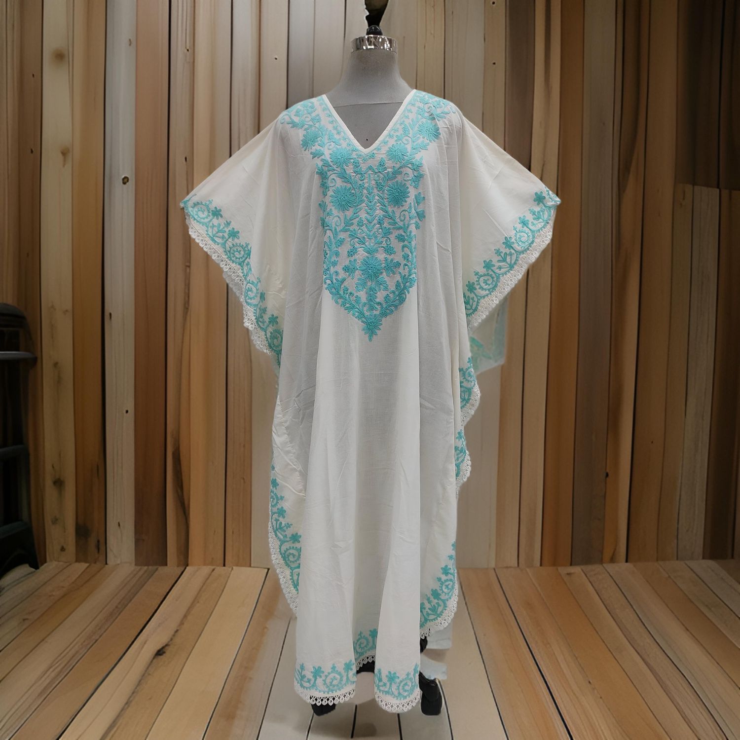 Free Size Farasha Embroidery Kaftan Cotton Dress 57" Long