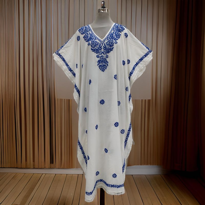 Free Size Farasha Embroidery Kaftan Cotton Dress 60" Long