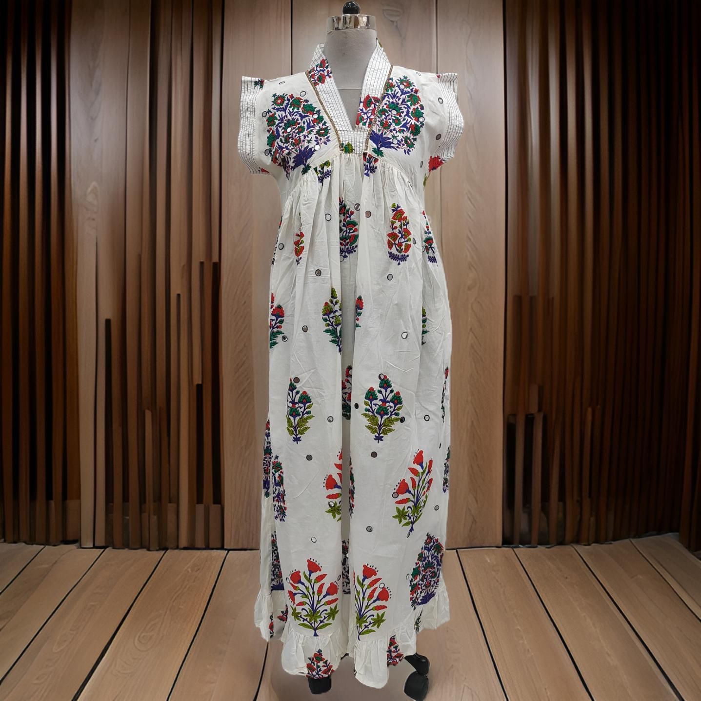 S/M Amani Printed Cotton Dress 57" Short Sleeves Jalabiya