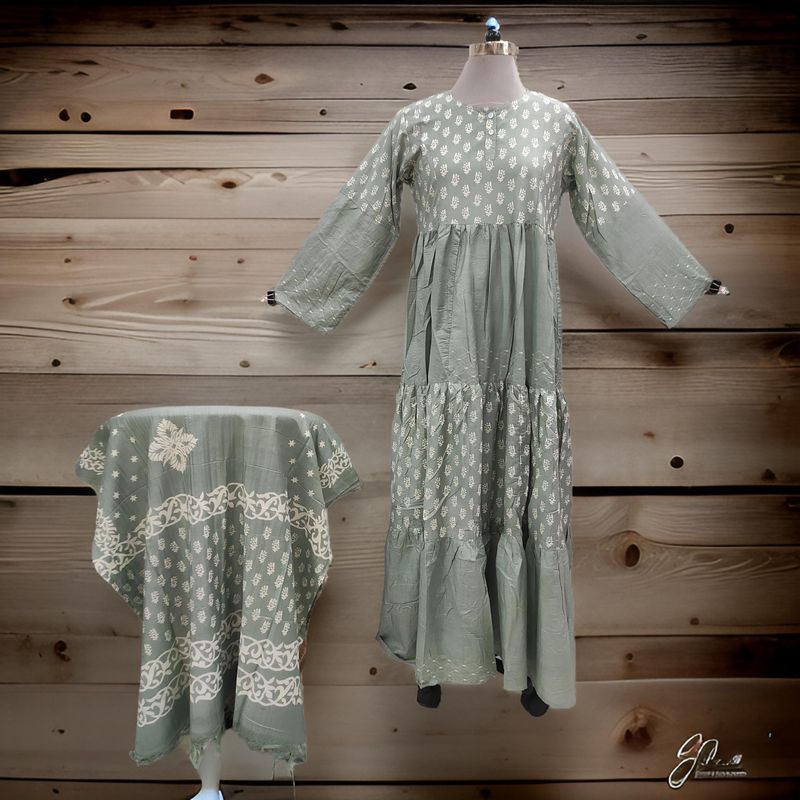 S/M Cotton Printed Juhi Dress 57" Long Jalabiya With Sheila