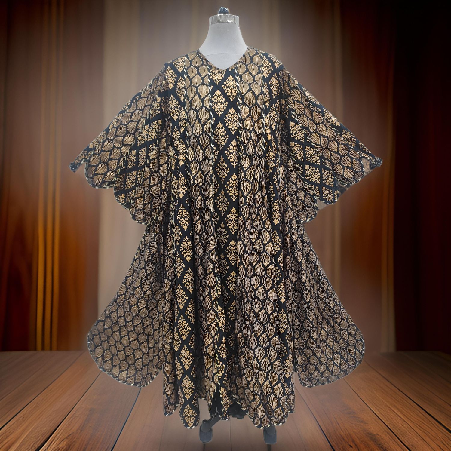 L/XL Meher Black Gold Printed Cotton Dress 56" Long Jalabiya