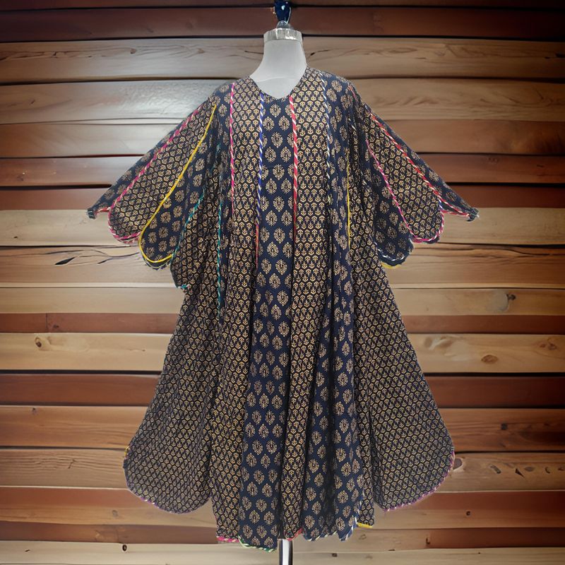 S/M Meher Black Gold Printed Cotton Dress 57" Long Jalabiya