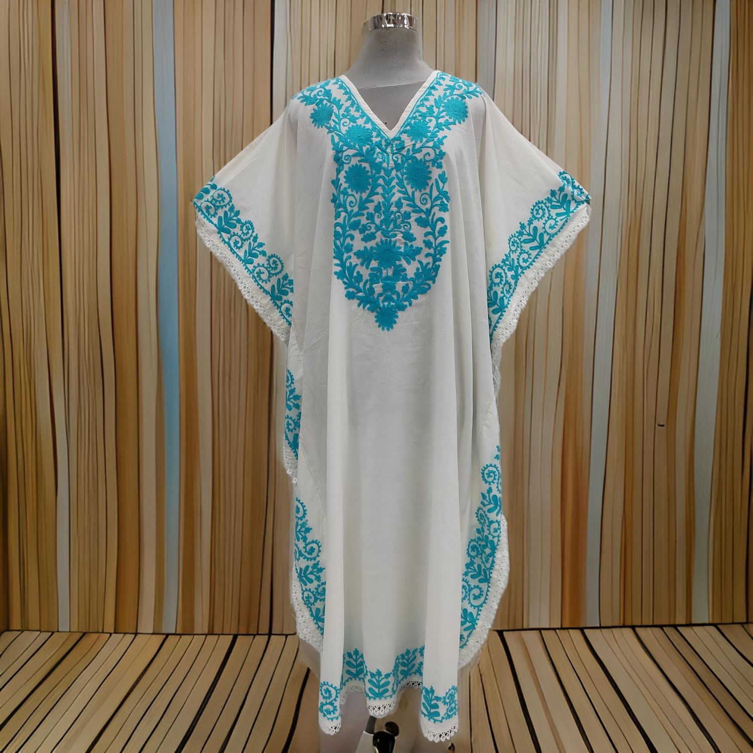 Free Size Farasha Embroidery Kaftan Cotton Dress 57" Long