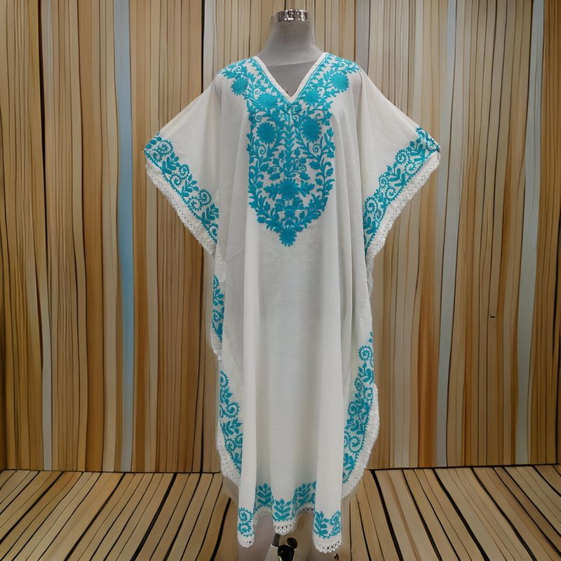 Free Size Farasha Embroidery Kaftan Cotton Dress 57" Long