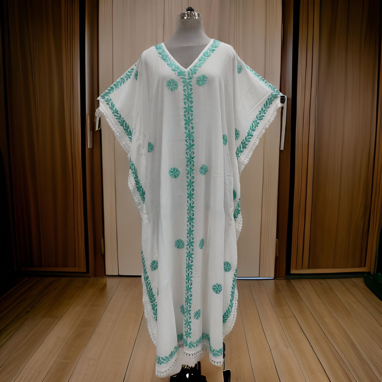 Free Size Farasha Embroidery Kaftan Cotton Dress 57" Long