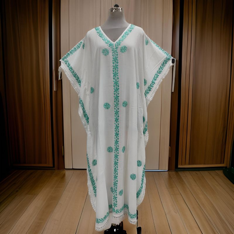 Free Size Farasha Embroidery Kaftan Cotton Dress 57" Long
