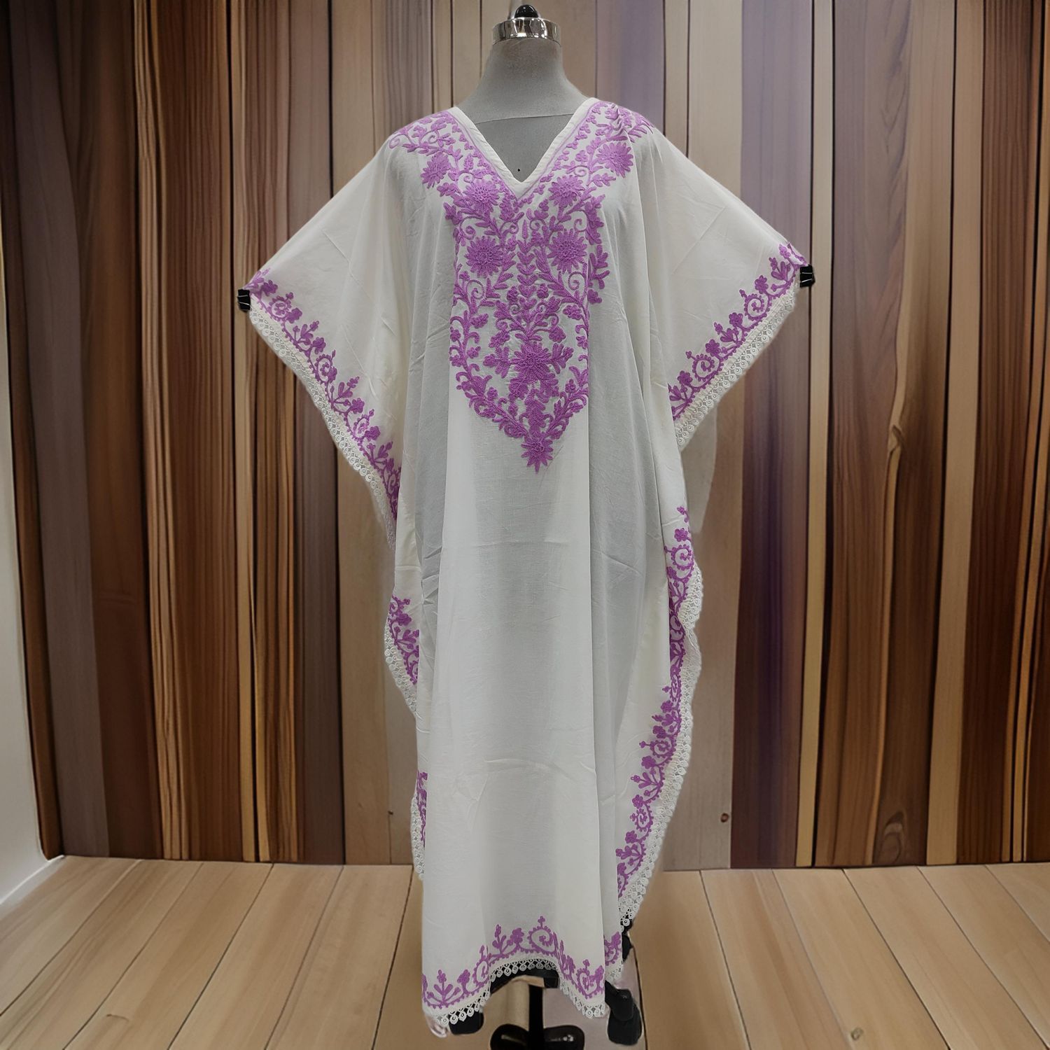 Free Size Farasha Embroidery Kaftan Cotton Dress 57" Long