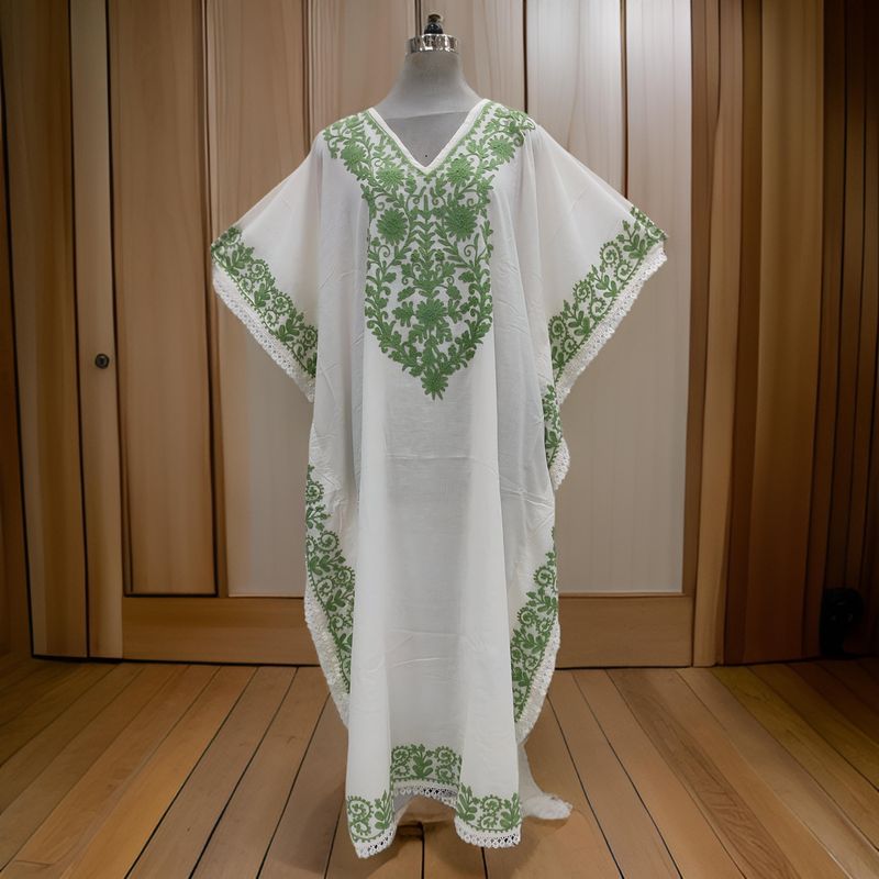 Free Size Farasha Embroidery Kaftan Cotton Dress 57" Long