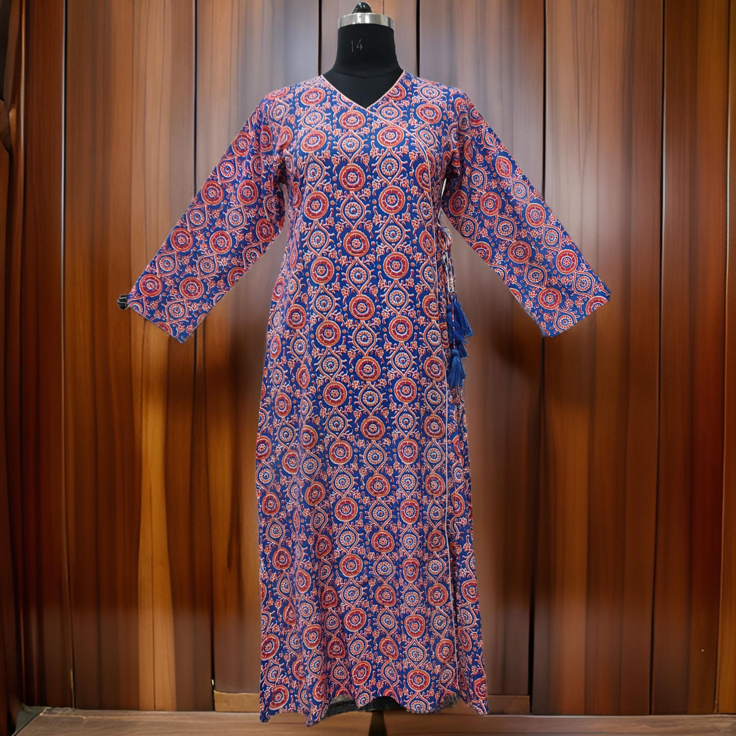 2XL/3XL Qifa Blue And Red Printed Cotton Dress 57" Long Jalabiya