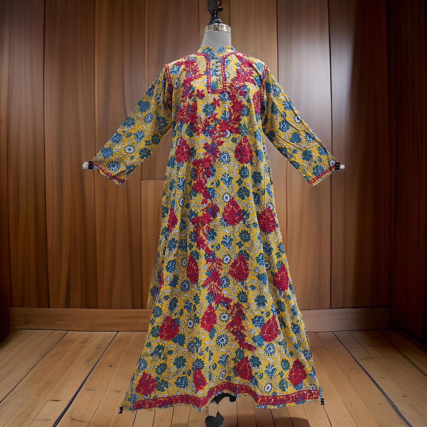 S/M Sofi Embroidery Printed Cotton Dress 57" Long Jalabiya