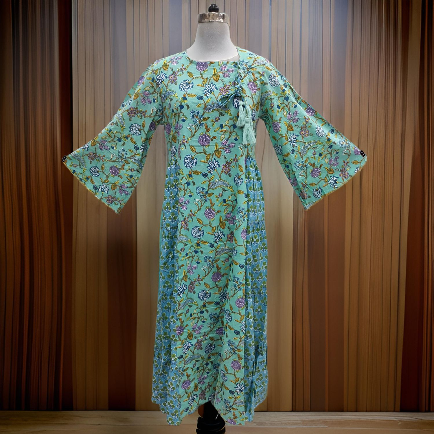 2XL/3XL Cindrella Green Printed Cotton Dress 57" Long Jalabiya