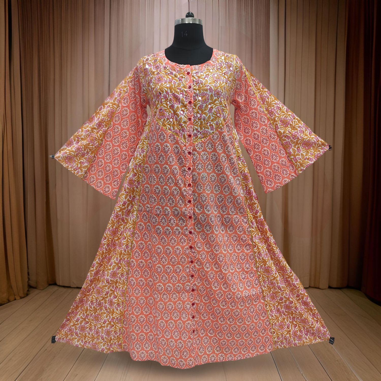 L/XL Lotus Printed Cotton Dress 57" Long Jalabiya