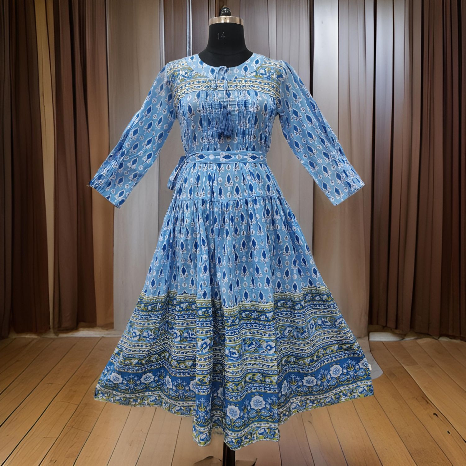 L/XL Abia Blue Cotton Dress 57" Long Jalabiya