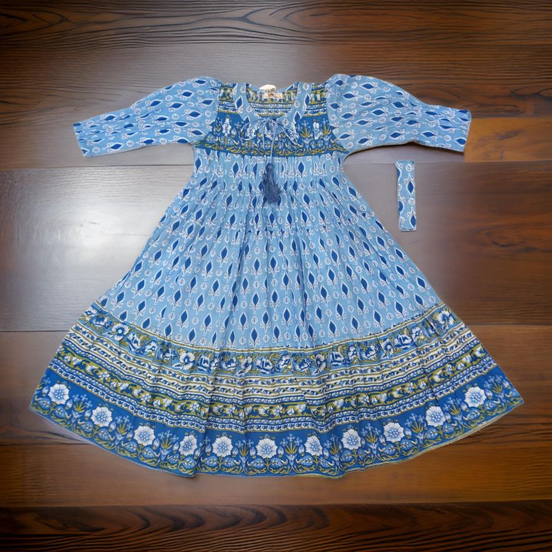 8-9 Year Abia Blue Cotton Girls Dress 42" Long Jalabiya