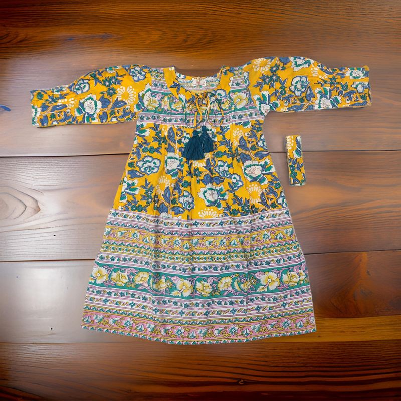 6-7 Year Abia Yellow Cotton Girls Dress 38" Long Jalabiya