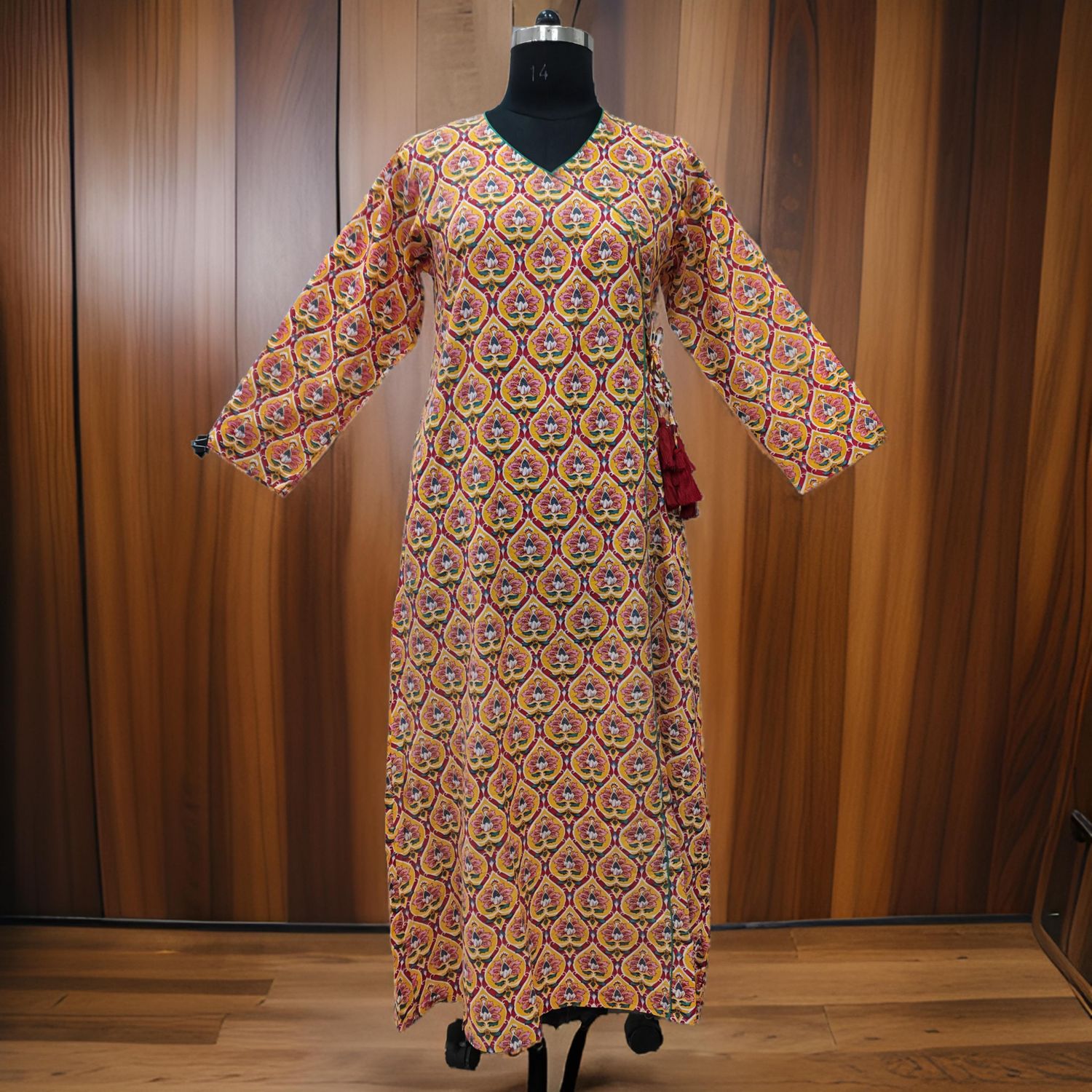 2XL/3XL Qifa Yellow Printed Cotton Dress 57" Long Jalabiya