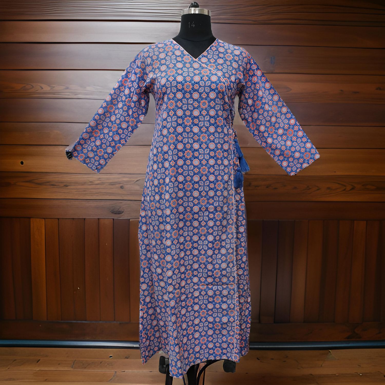 L/XL Qifa Blue Printed Cotton Dress 57" Long Jalabiya