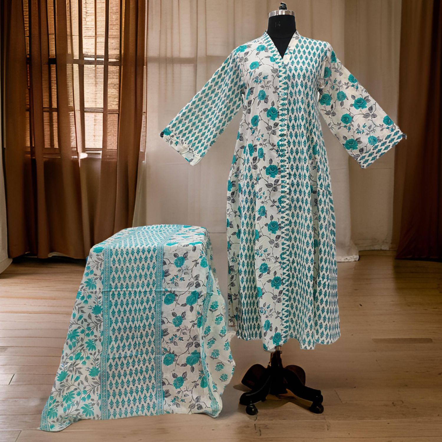 S/M Ayana Printed Cotton Dress 57" Long Jalabiya With Sheila