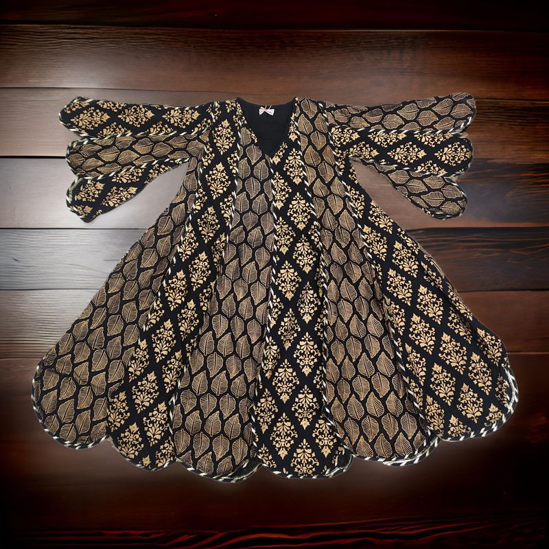 10-11 Year Meher Gold Printed Cotton Girls Dress 45"Long Jalabiya