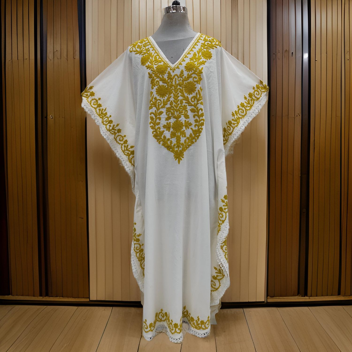Free Size Farasha Embroidery Kaftan Cotton Dress 57" Long