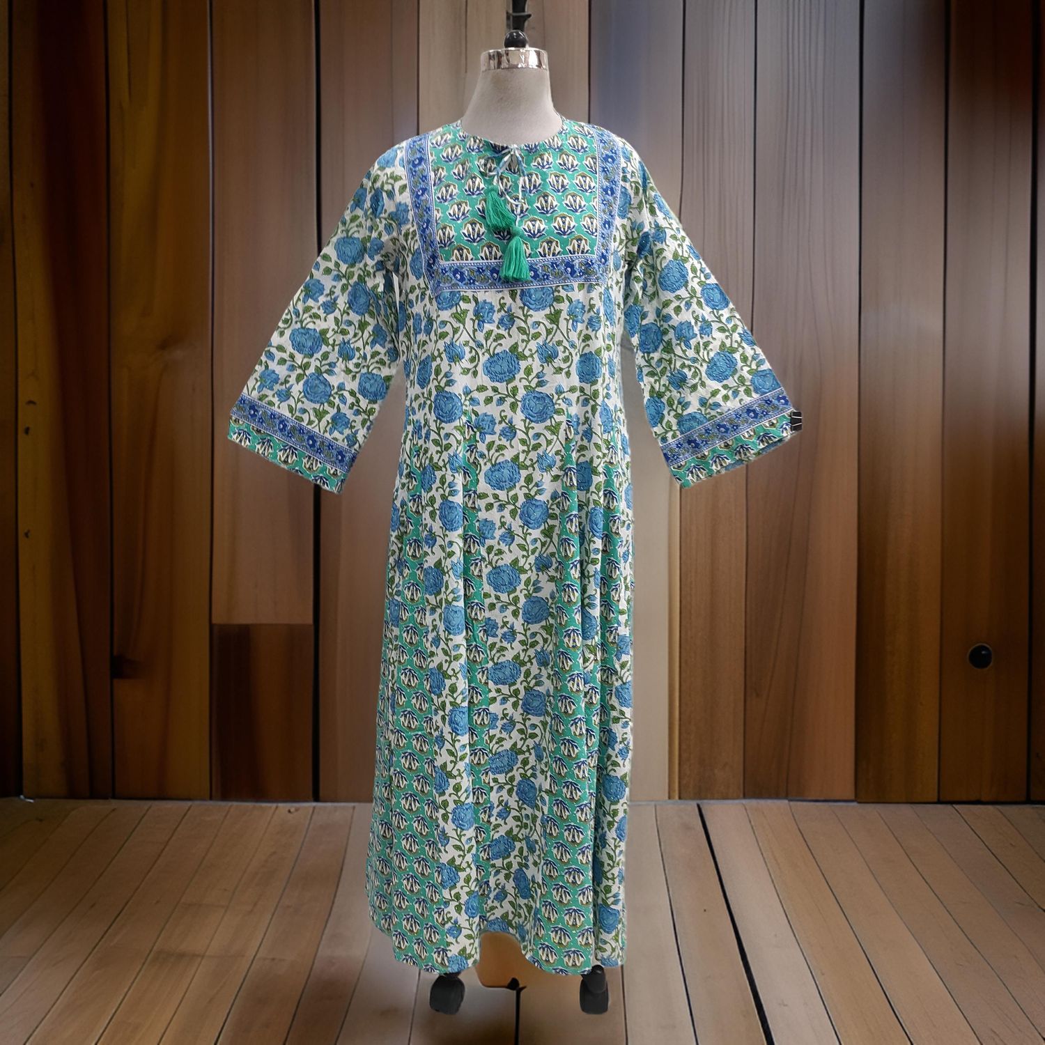 L/XL Anaya Crystal Green Printed Cotton Dress 57" Long Jalabiya