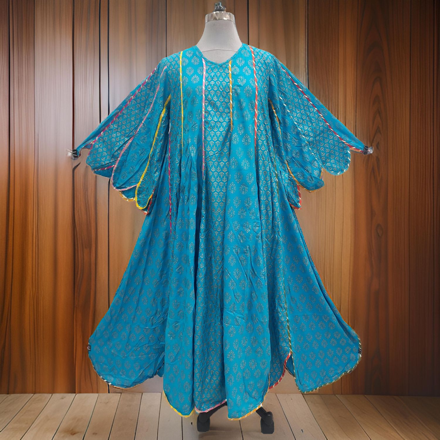 S/M Meher Sky Gold Printed Cotton Dress 56" Long Jalabiya