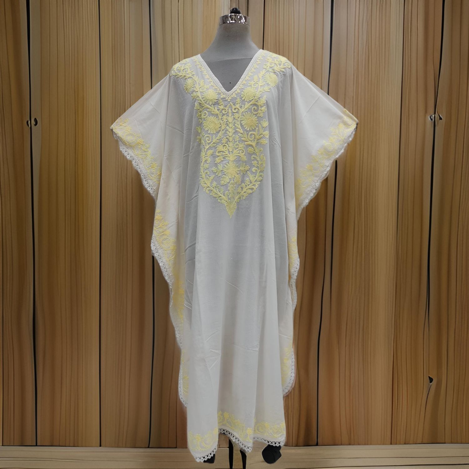 Free Size Farasha Embroidery Kaftan Cotton Dress 57" Long
