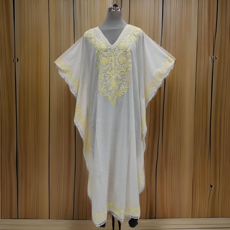 Free Size Farasha Embroidery Kaftan Cotton Dress 57" Long