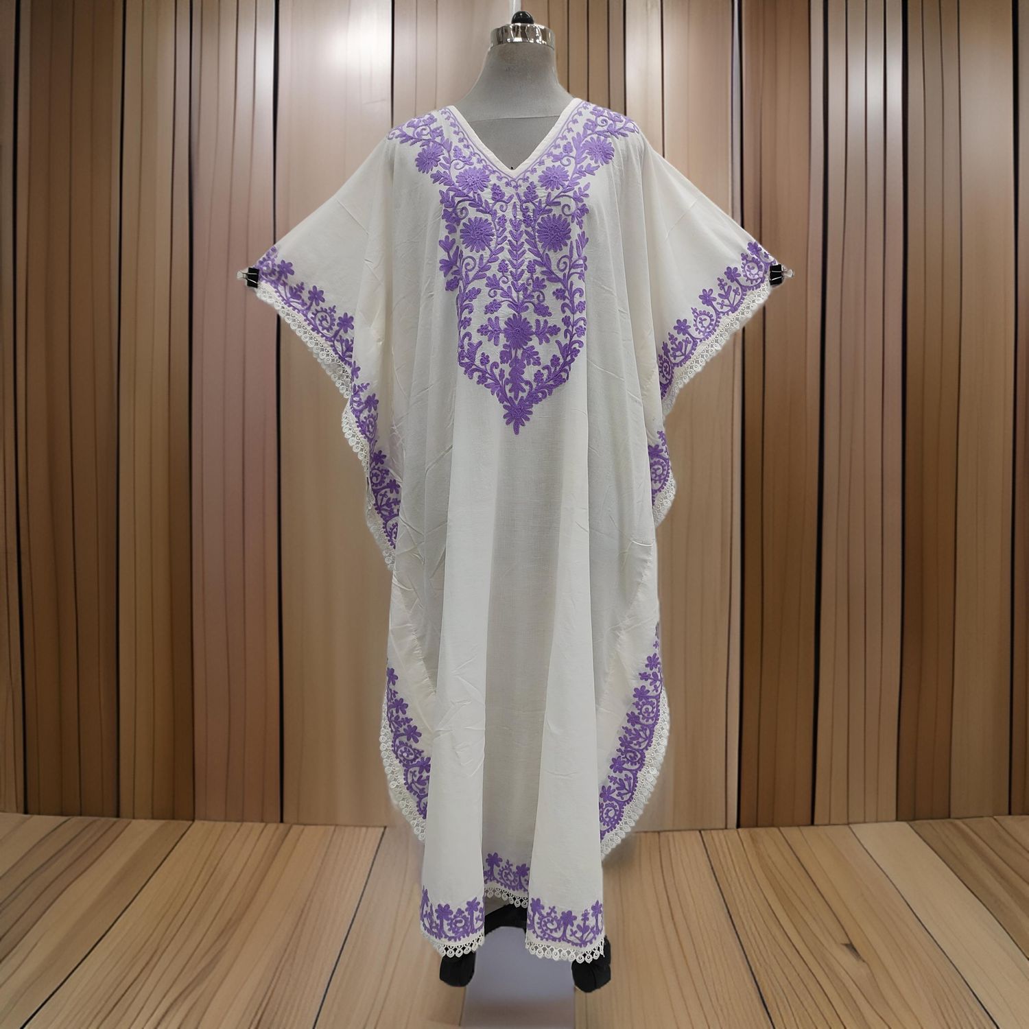 Free Size Farasha Embroidery Kaftan Cotton Dress 57" Long