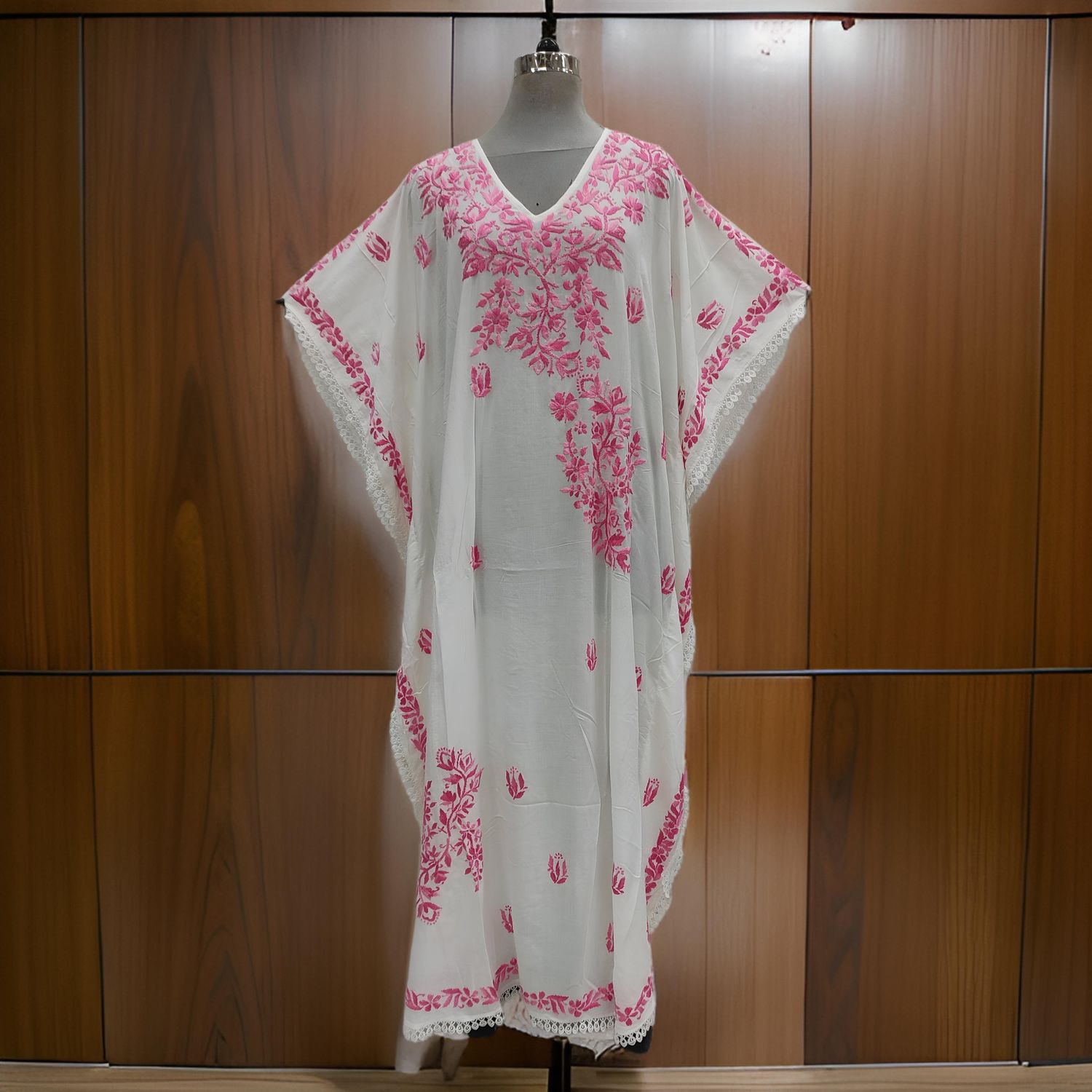 Free Size Farasha Embroidery Kaftan Cotton Dress 58" Long