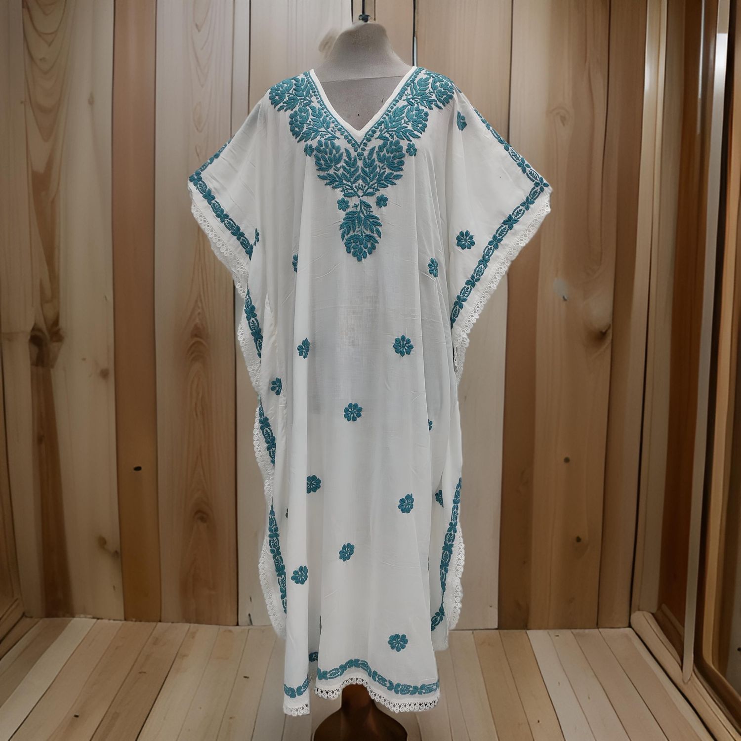 Free Size Farasha Embroidery Kaftan Cotton Dress 58" Long
