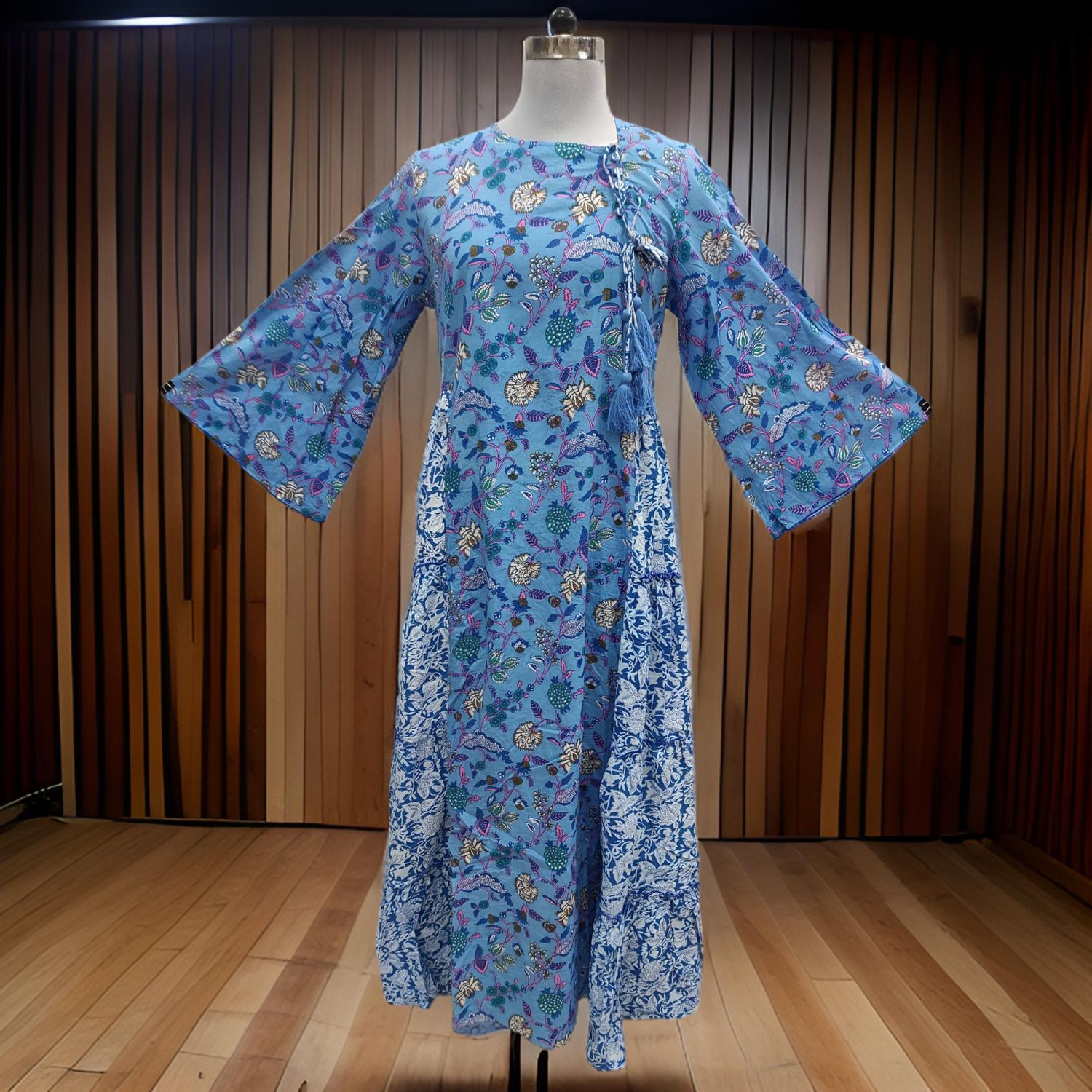 S/M Cindrella Blue and White Printed Cotton Dress 57" Long Jalabiya