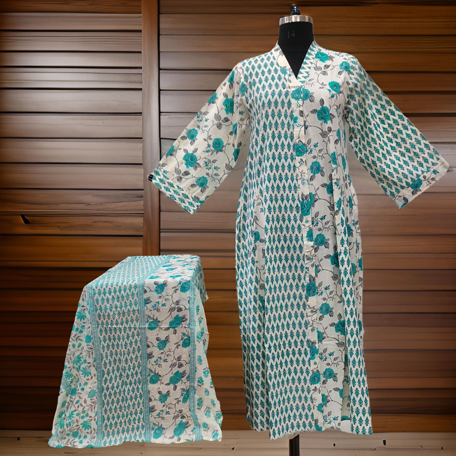 L/XL Ayana Printed Cotton Dress 57" Long Jalabiya With Sheila