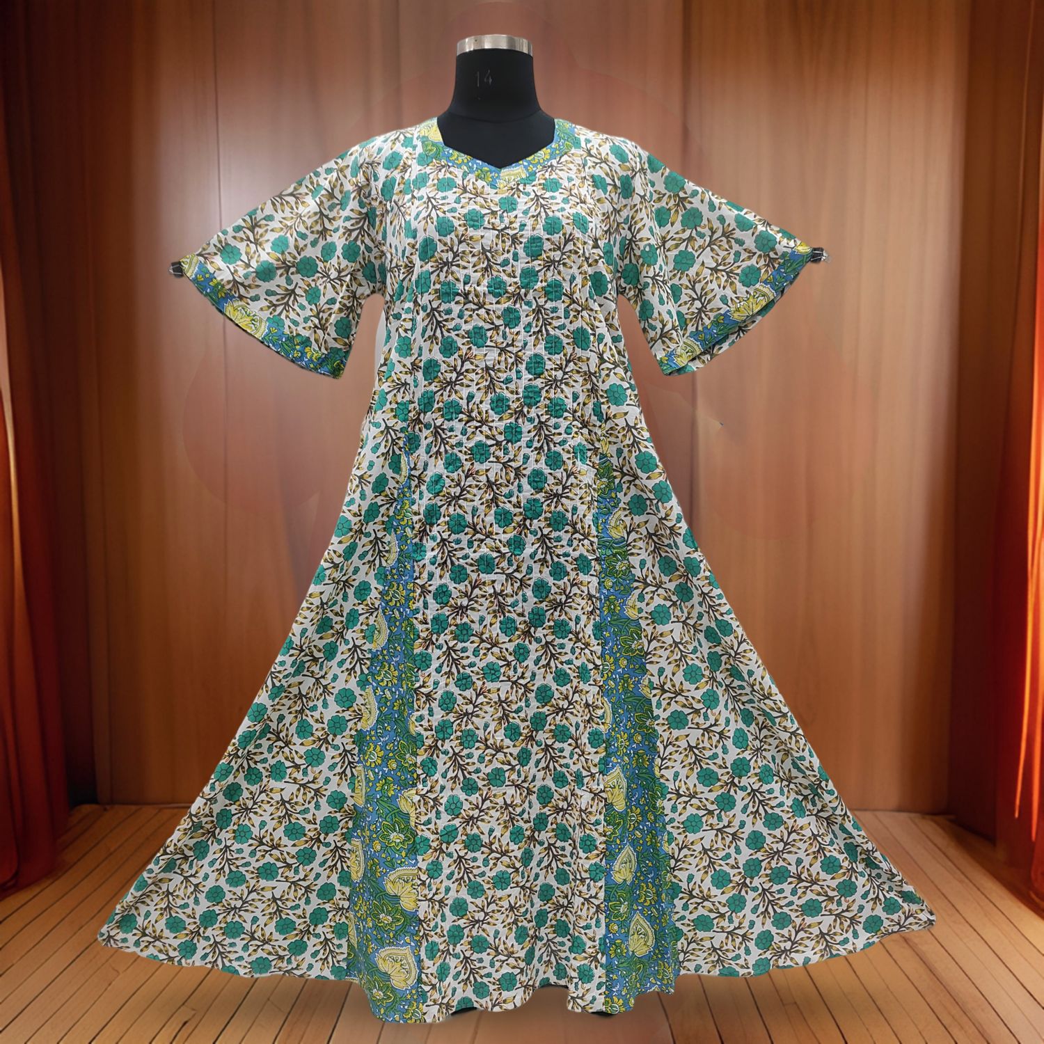 L/XL Marya Printed Cotton Dress 57" Short Sleeves Jalabiya