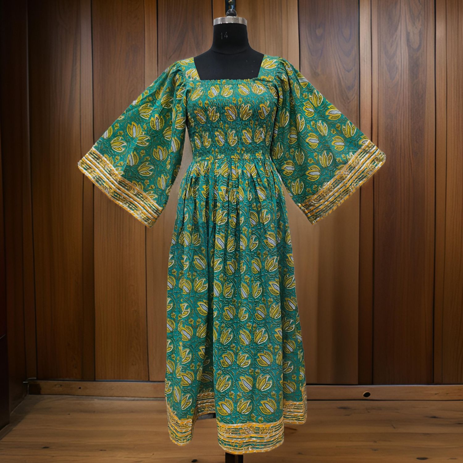 S/M Green Elzina Printed Cotton Dress 57" Long Jalabiya