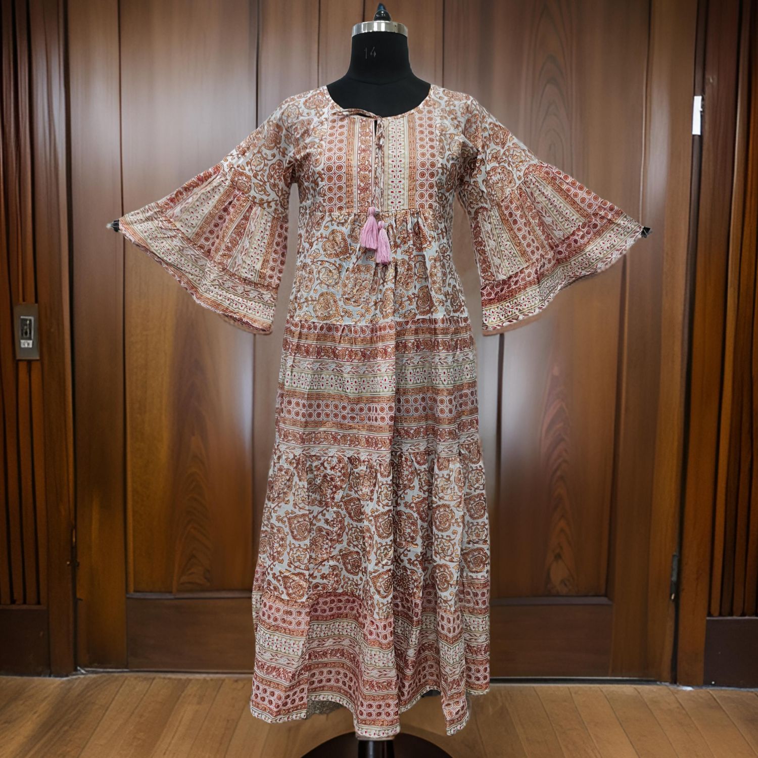 S/M Gaby Gold Printed Cotton Dress 57" Long Jalabiya