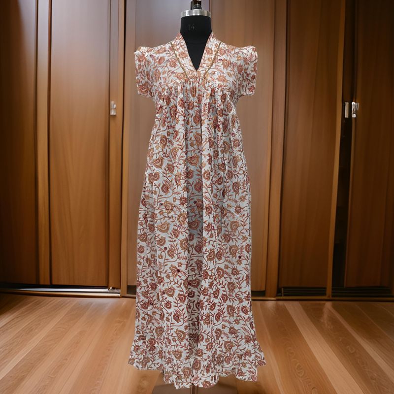 S/M Amani Gold Print Cotton Dress 57" Short Sleeves Jalabiya